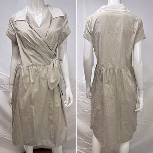 $330 NWT Pell & Co 14 Cotton/Silk Blend Chi Beige White Collar Midi Wrap Dress